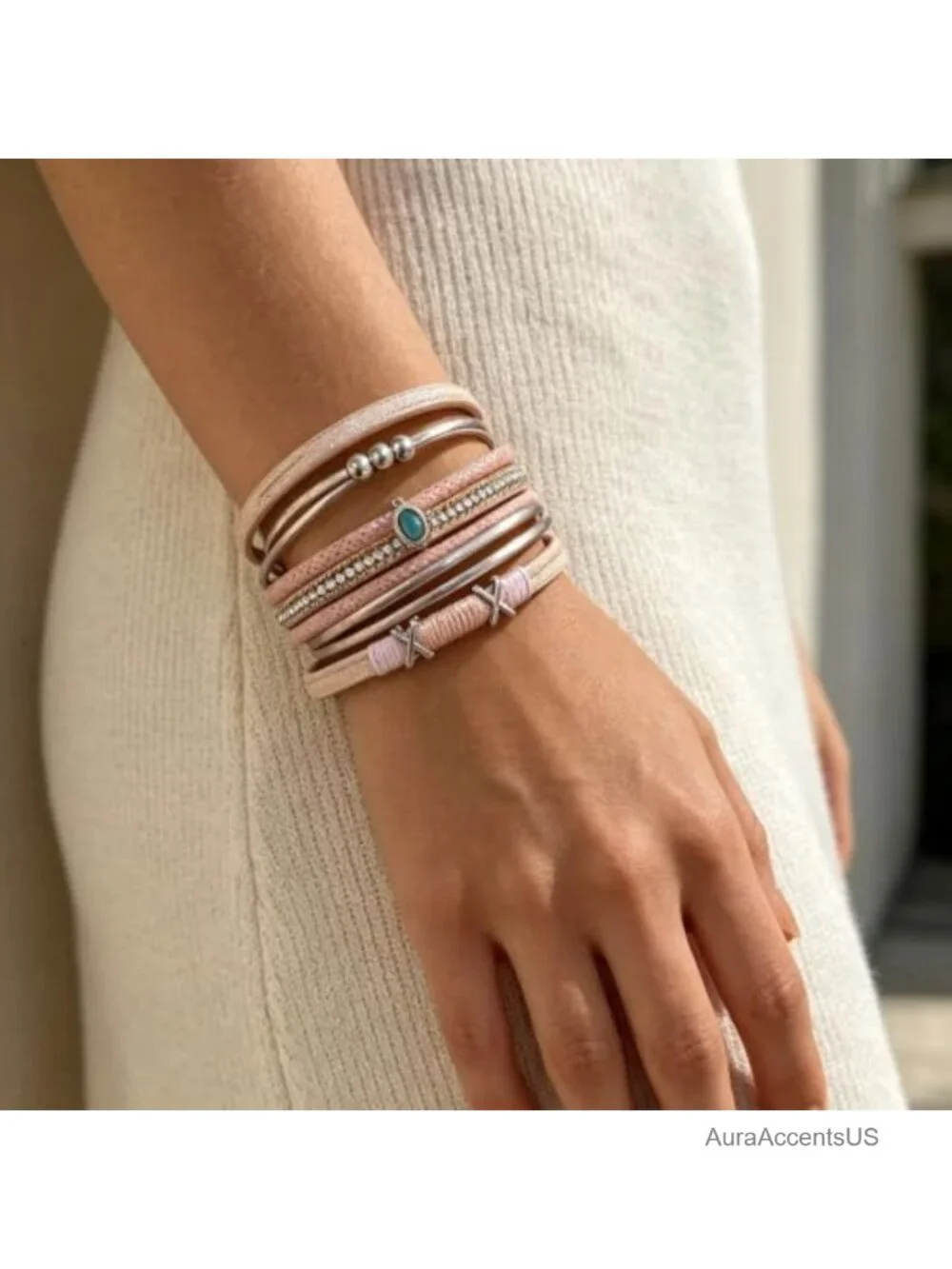 Layered Wrap Leather Cuff Bracelet Boho Rhinestone Clasp